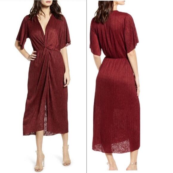 All in Favor Dolman Plisse Textured Short Sleeve Burgundy Midi Dress Medium - Picture 1 of 15